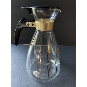 Vtg Atomic Glass Carafe Container MCM Servingware Barware Art Deco Clear Gold